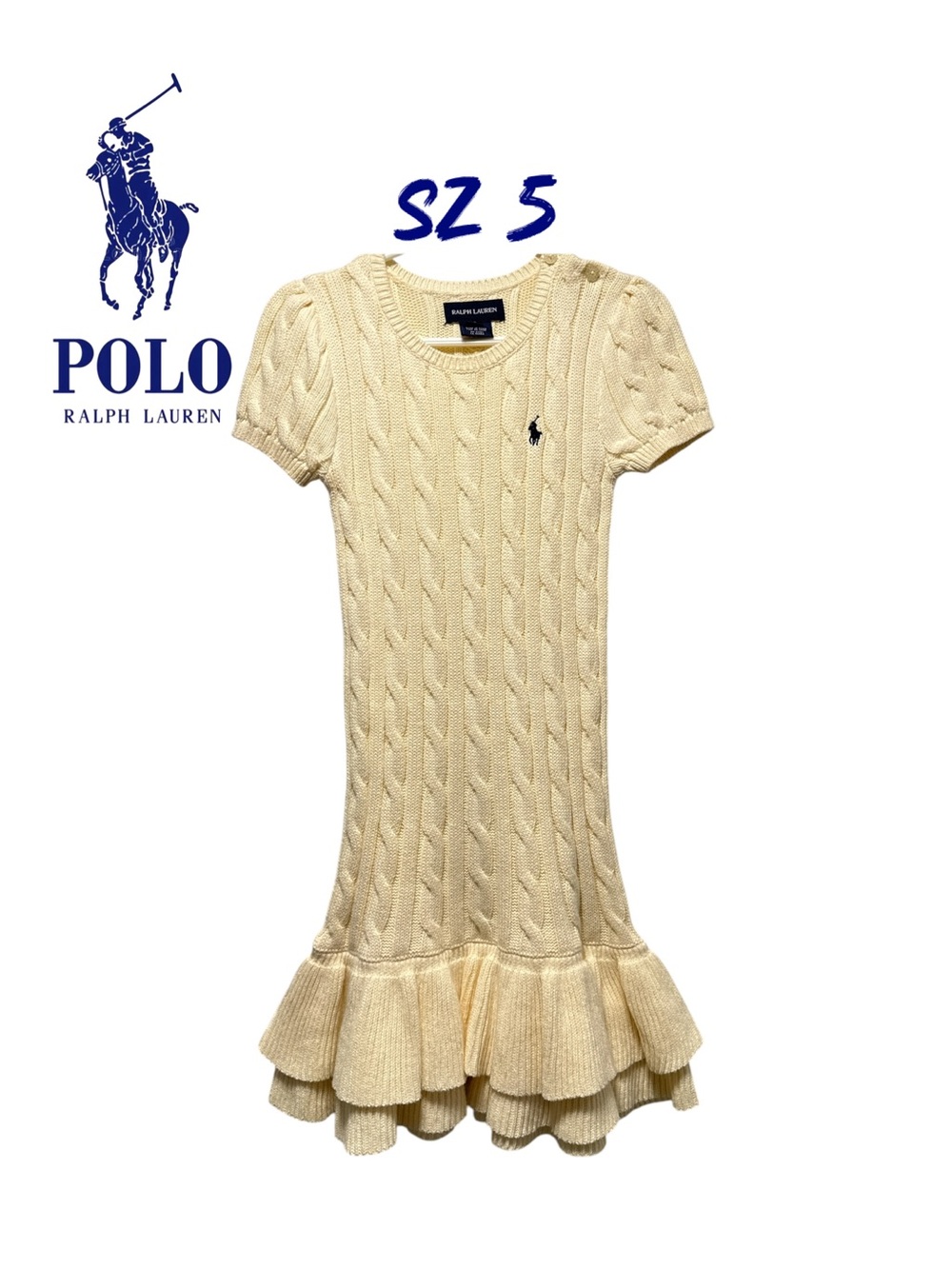 Polo Ralph Lauren Size 5 Cream Cable Knit Short Sleeve Ruffle Dress